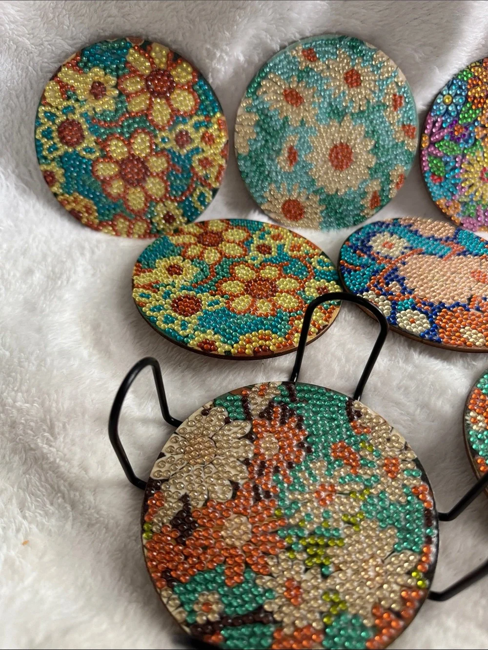 Handmade Beaded Floral Coaster Set  - Turquoise & Multicolor